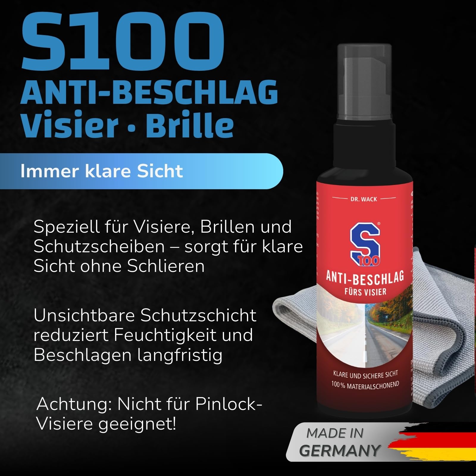 dr-wack-s100-anti-beschlag-spray-100-ml-inkl-mikrofasertuch-visier-brillen-schut image 2