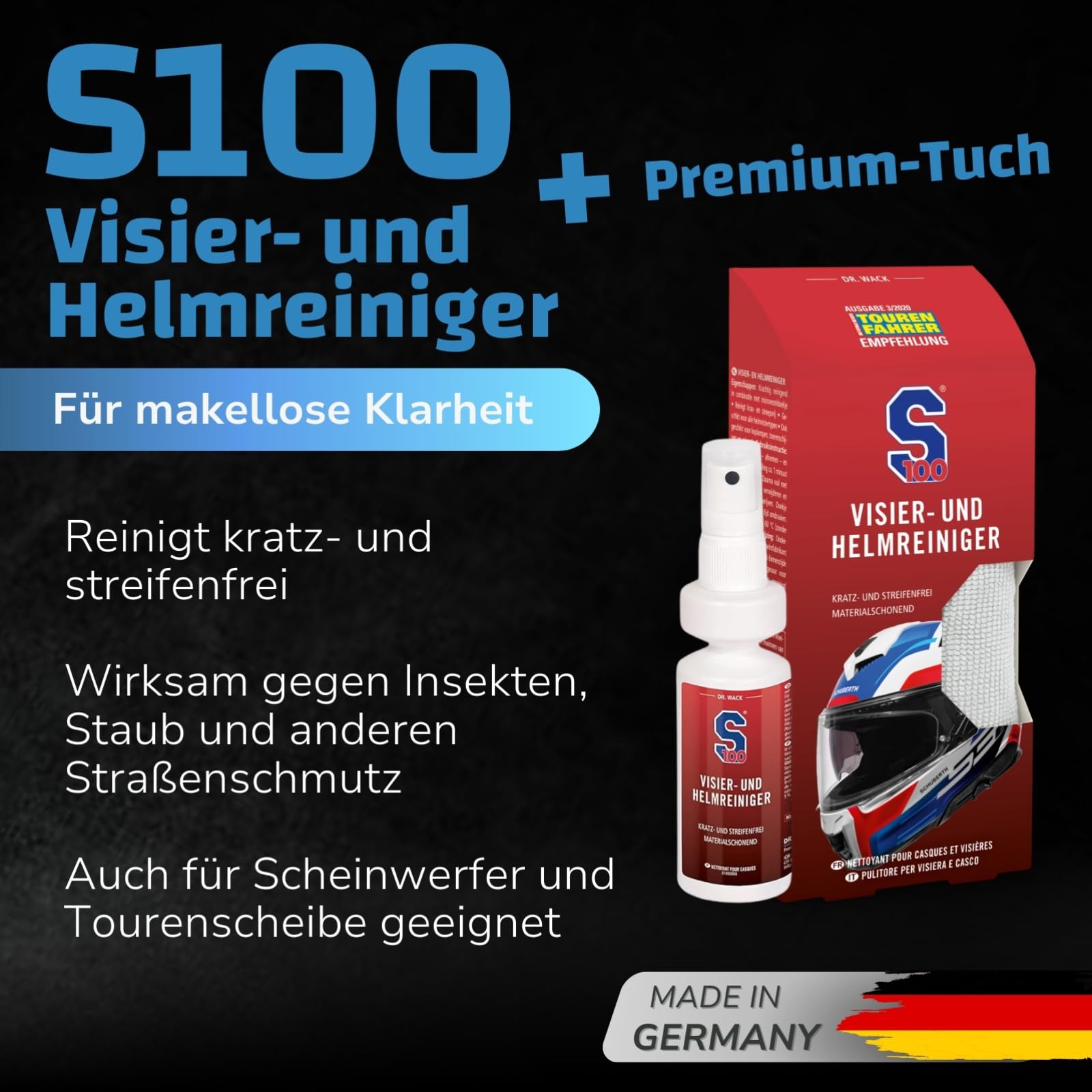 dr-wack-s100-visier-helmreiniger-100-ml-mit-mikrofasertuch image 2